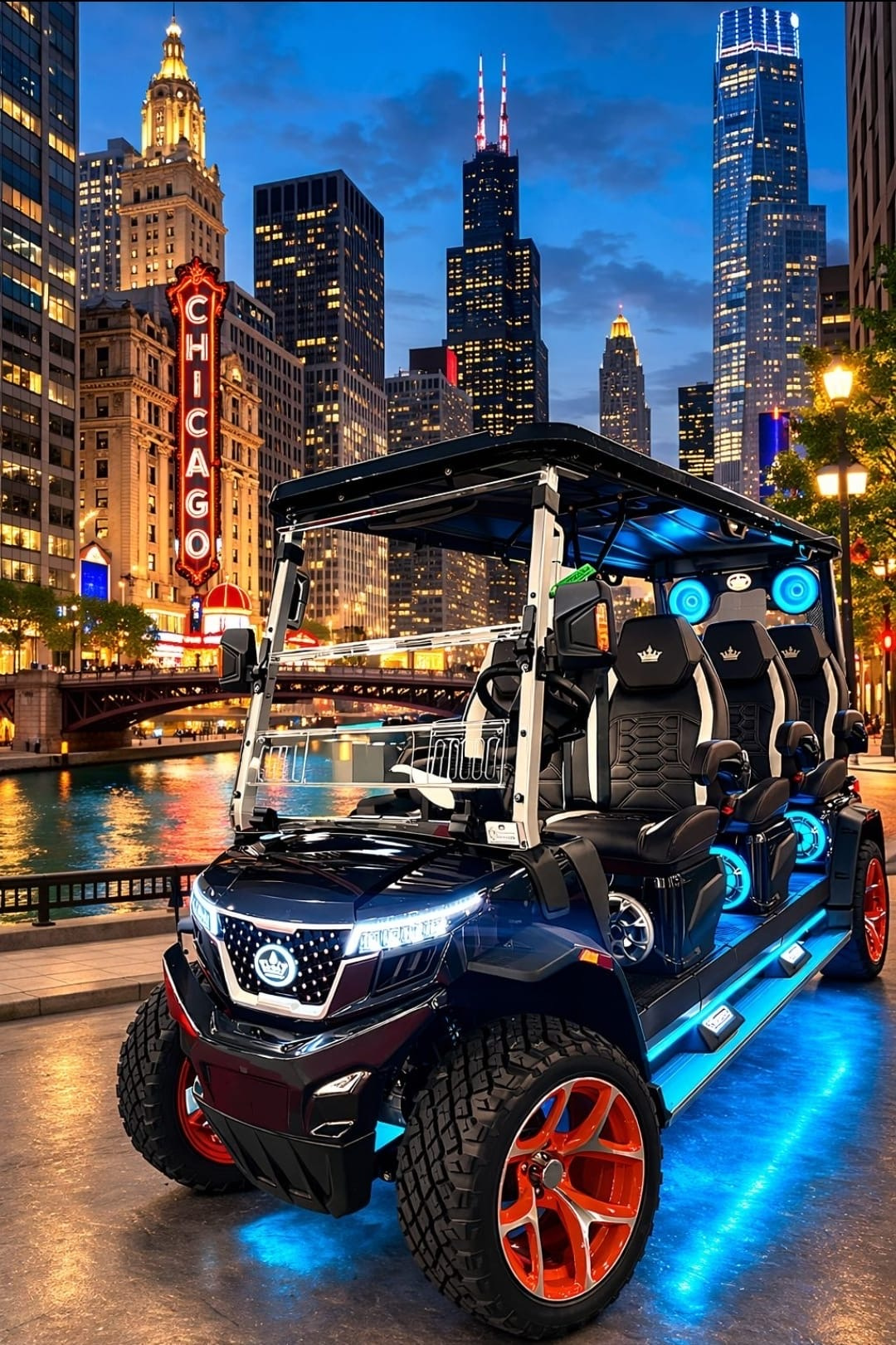 Glo Karts — luxury golf cart with LED lighting against the Chicago skyline at night
